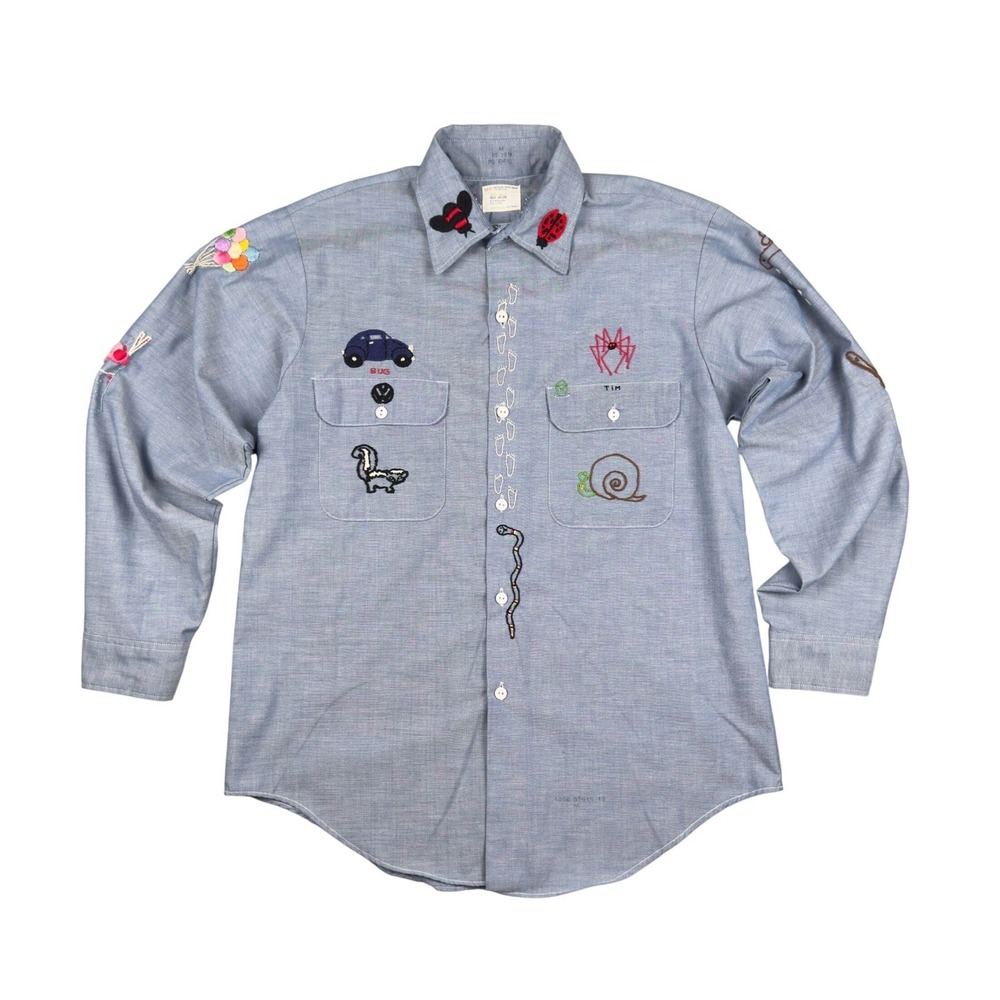 Vtg 70s Big Mac UGA Hand Embroidered Work Shirt Mens M Chambray Georgia Bulldogs